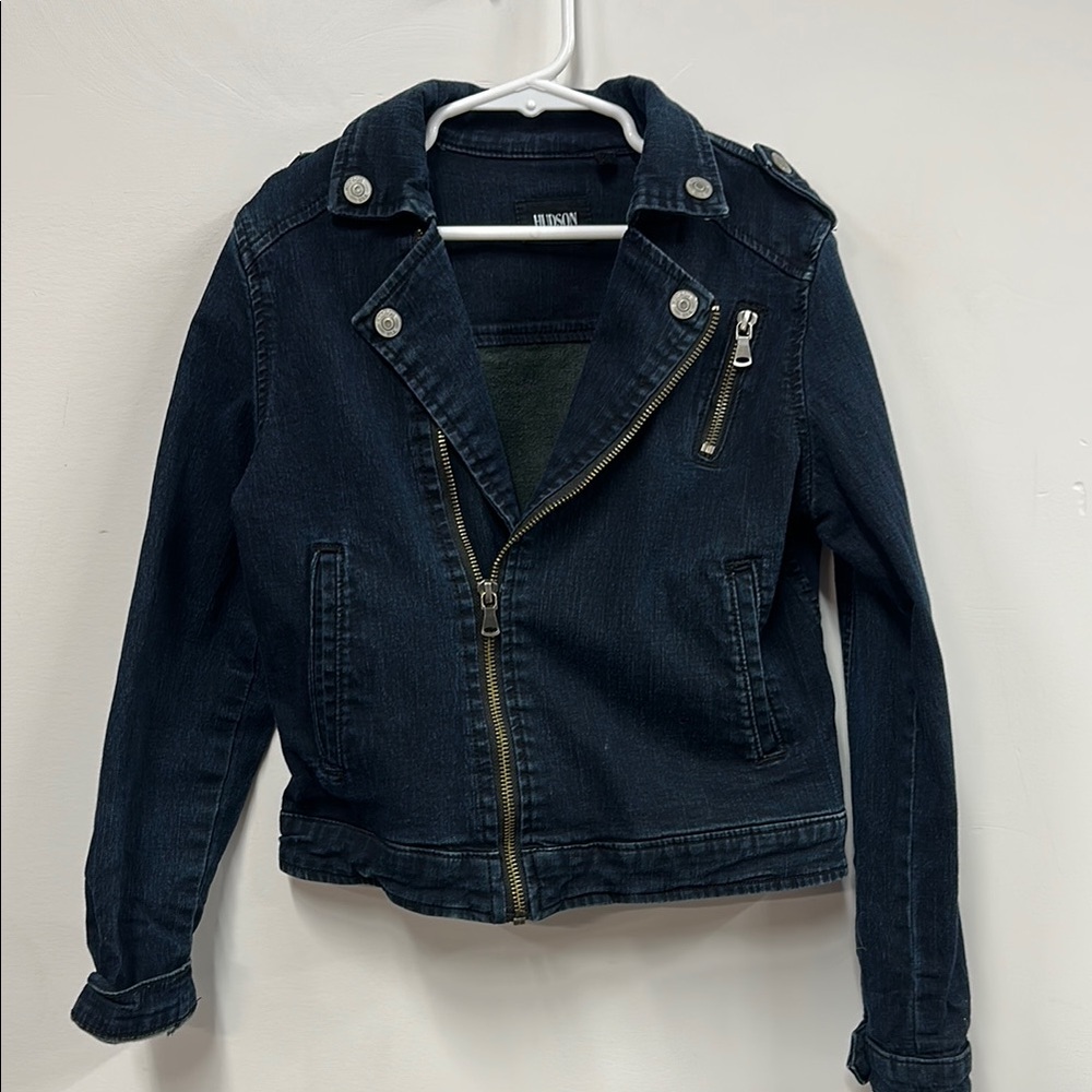 Hudson Jeans dark blue moto Jean Jacket Asymmetrical Zipper M